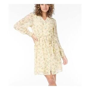 Esqualo Yellow Floral Button-Up Lined Long Sleeve Belt Tie V-neck Pretty Dress
